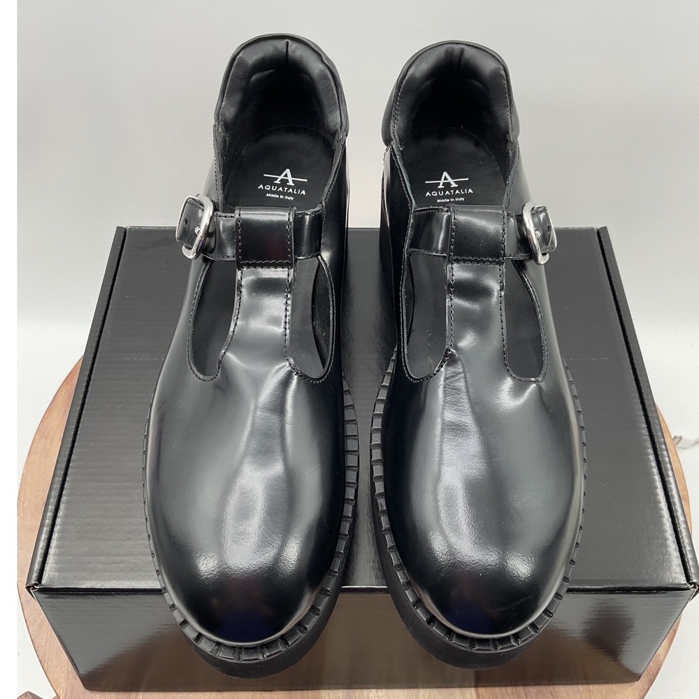 Aquatalia Black Leather T-Strap Mary Jane Platform Lug Sole Shoes Italy Size 11